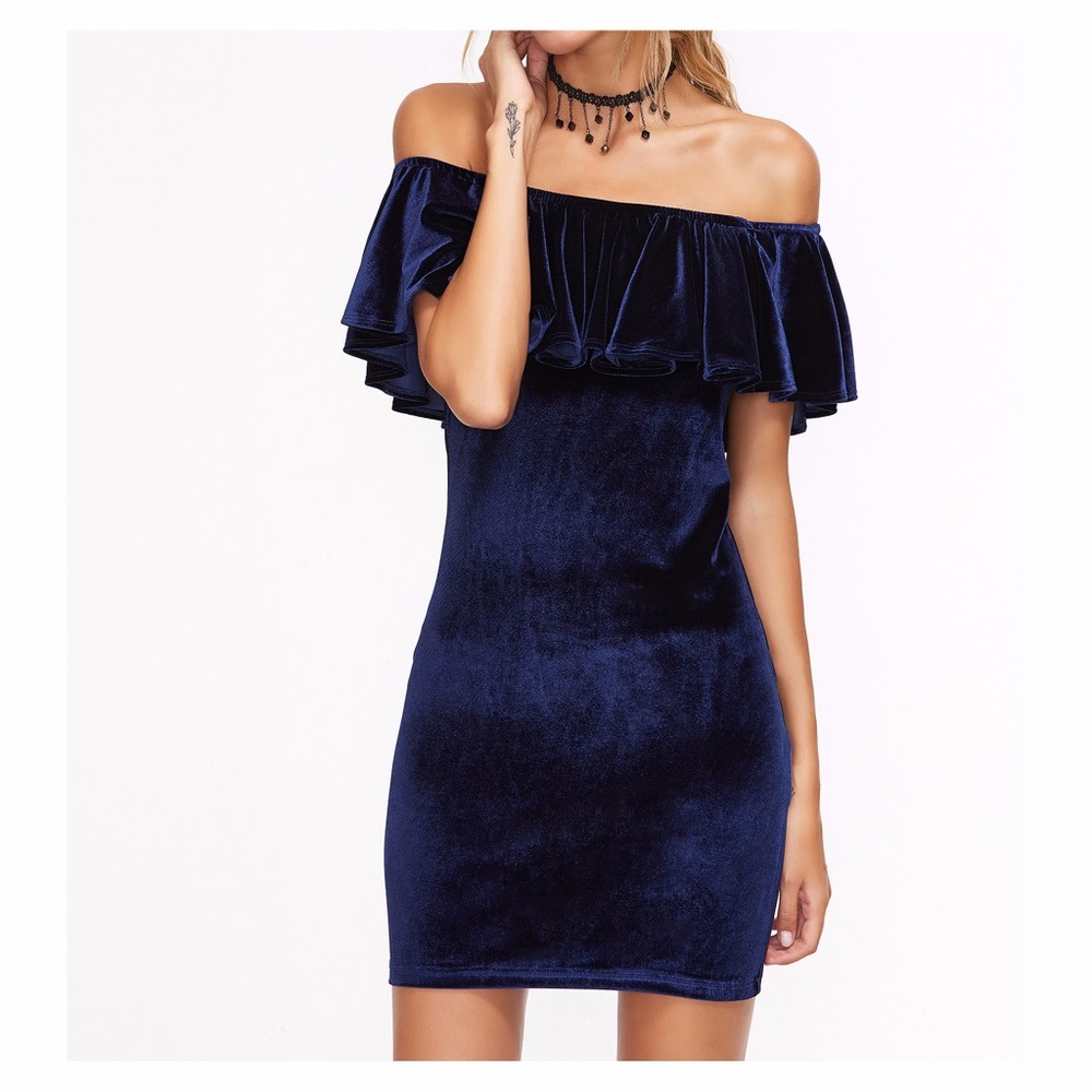 Blue Off the Shoulder Velvet Dress